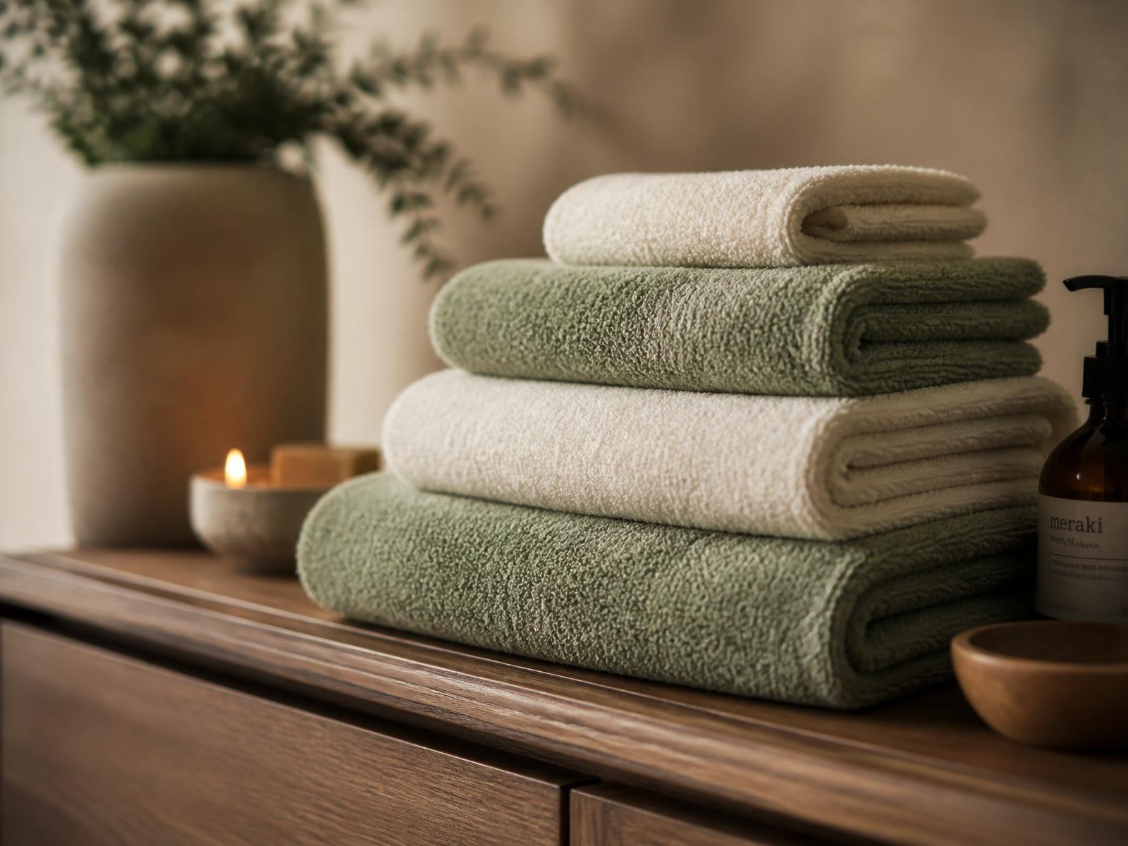Freshly folded cream and sage spa towels stacked for professional linen service