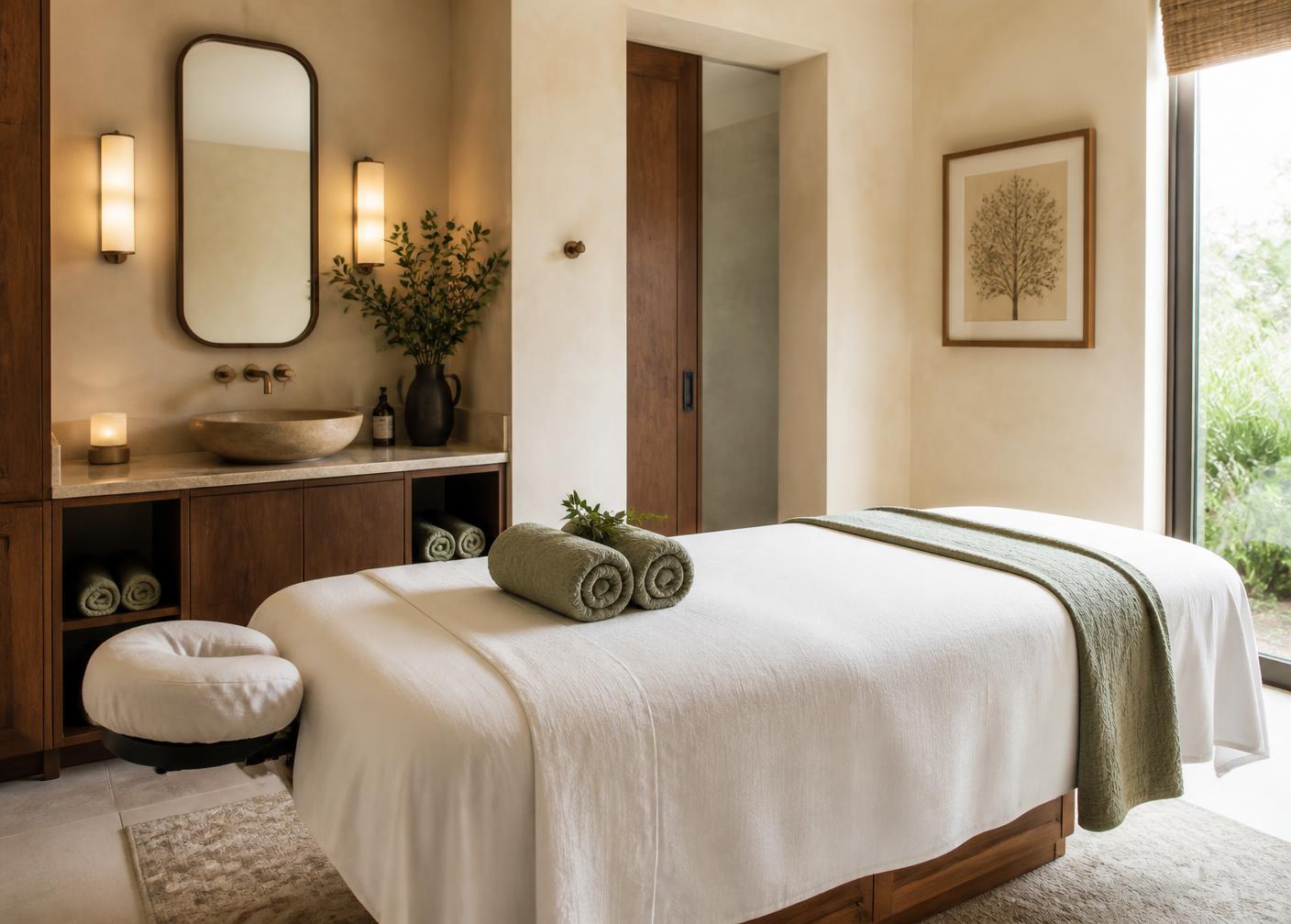 Massage treatment room prepared with crisp white linens and rolled sage towels